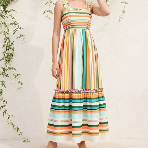 Pink Boho Women's Dress with Striped Floral Print, Square Neck, Ruched Straps - Picture 5 of 8